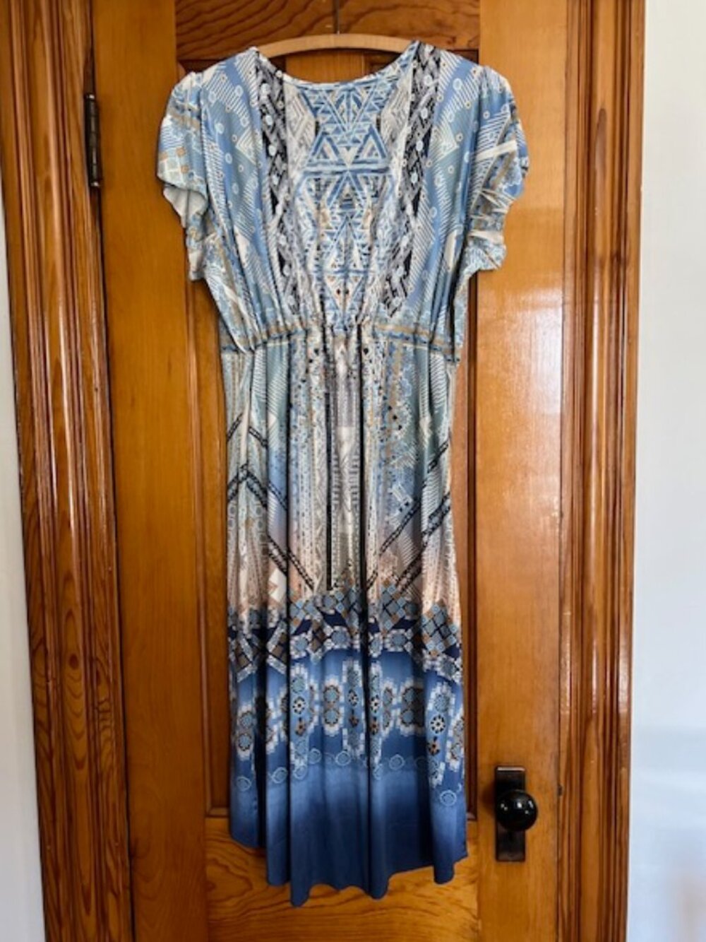World Unity Women Short SLV Aztec Boho Embroider Blue Geometric Shift Dress XL - Picture 4 of 11
